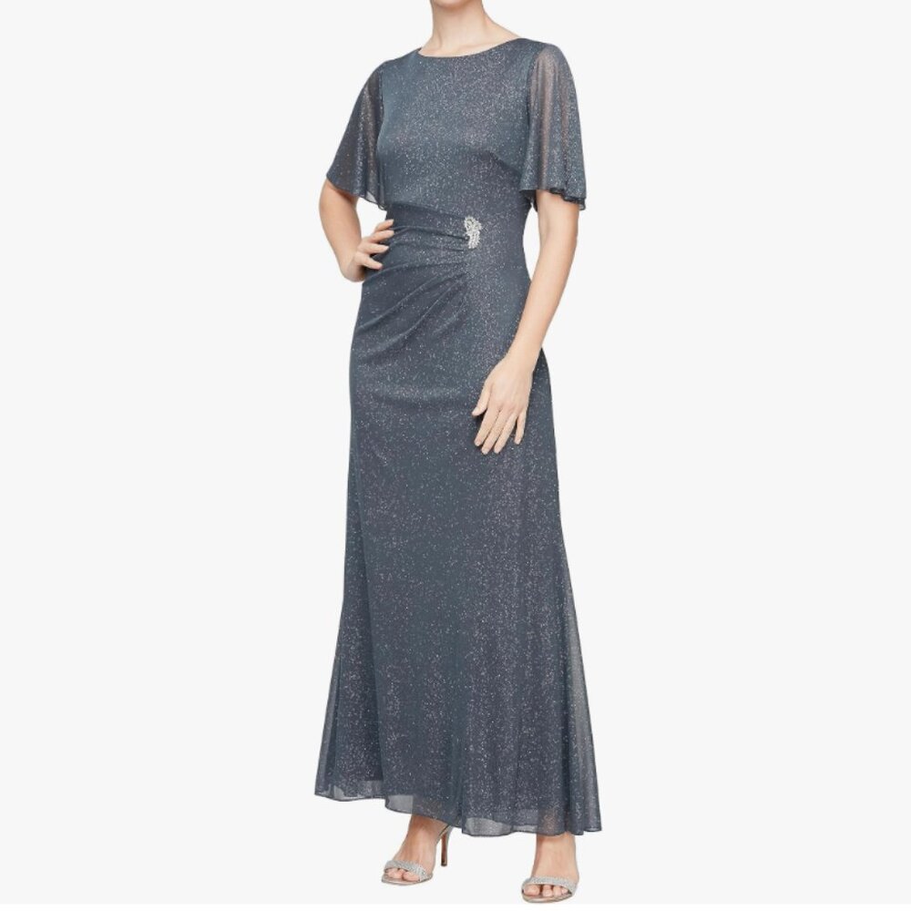 SLNY Formal Long Glitter Mesh Embellished Mother of the Bride Dress (Smoke, 18)